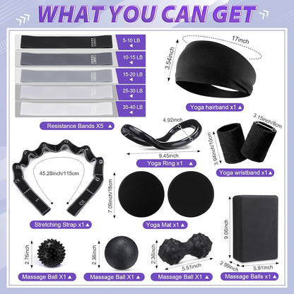 Halloscume 24 Pcs Home Pilates Essentials Kit for Women, Pilates Equipment Ring and Ball Set with Stretching Strap, Water Bottle, Magic Circle, Yoga Ring, Gym Bag, Resistance Band, Anti Slip Socks