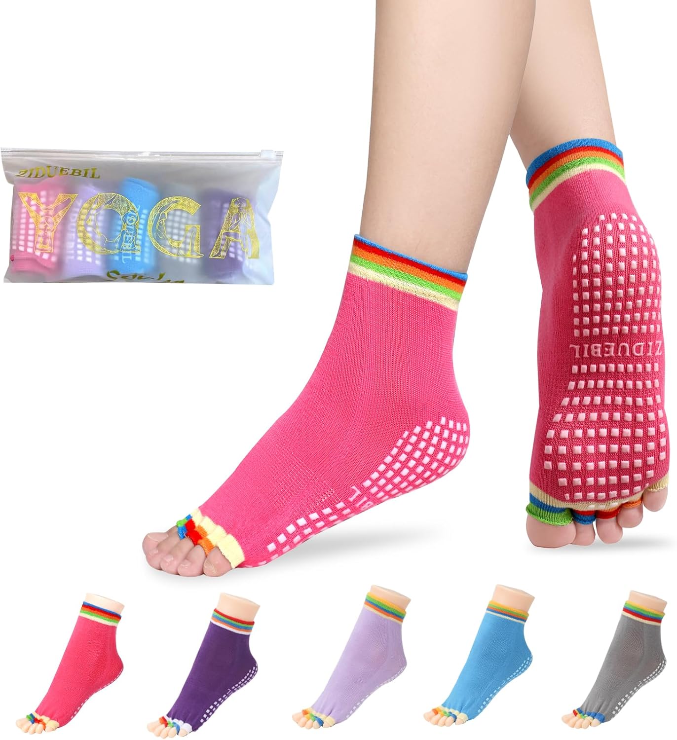 Women's Toe Separator Yoga Socks 5-Pack - Non-Slip Grips, Barefoot Pilates Socks with Open Toes, Breathable Cotton for Barre, Dance, Studio - Fits US 5.5-9.5 + Storage Bag