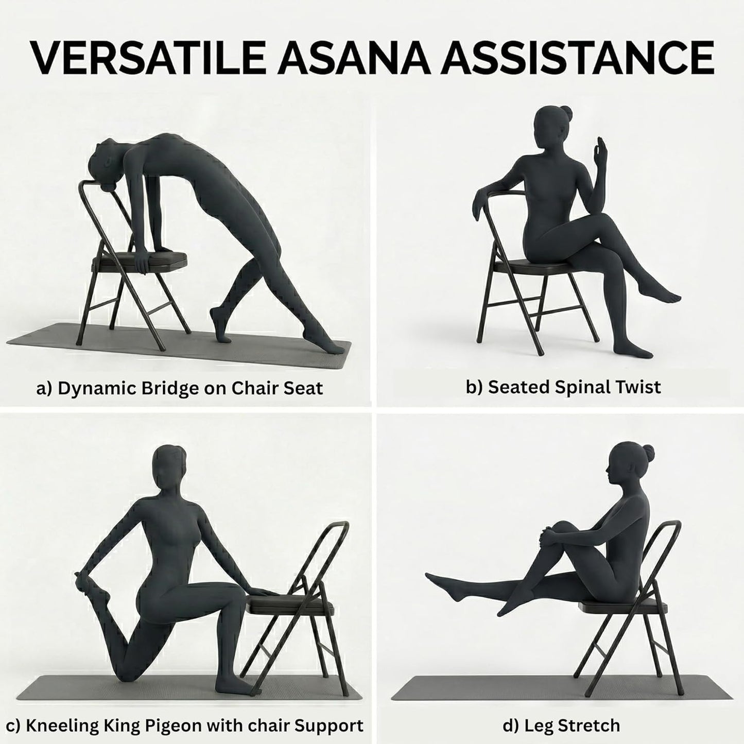 Yogikuti Standard Yoga Chair – Backless Folding Chair for Iyengar & Restorative Yoga Practice, Sturdy Metal Frame Chair for Support, Balance, Stretching, Meditation & Therapy Exercises (Black)
