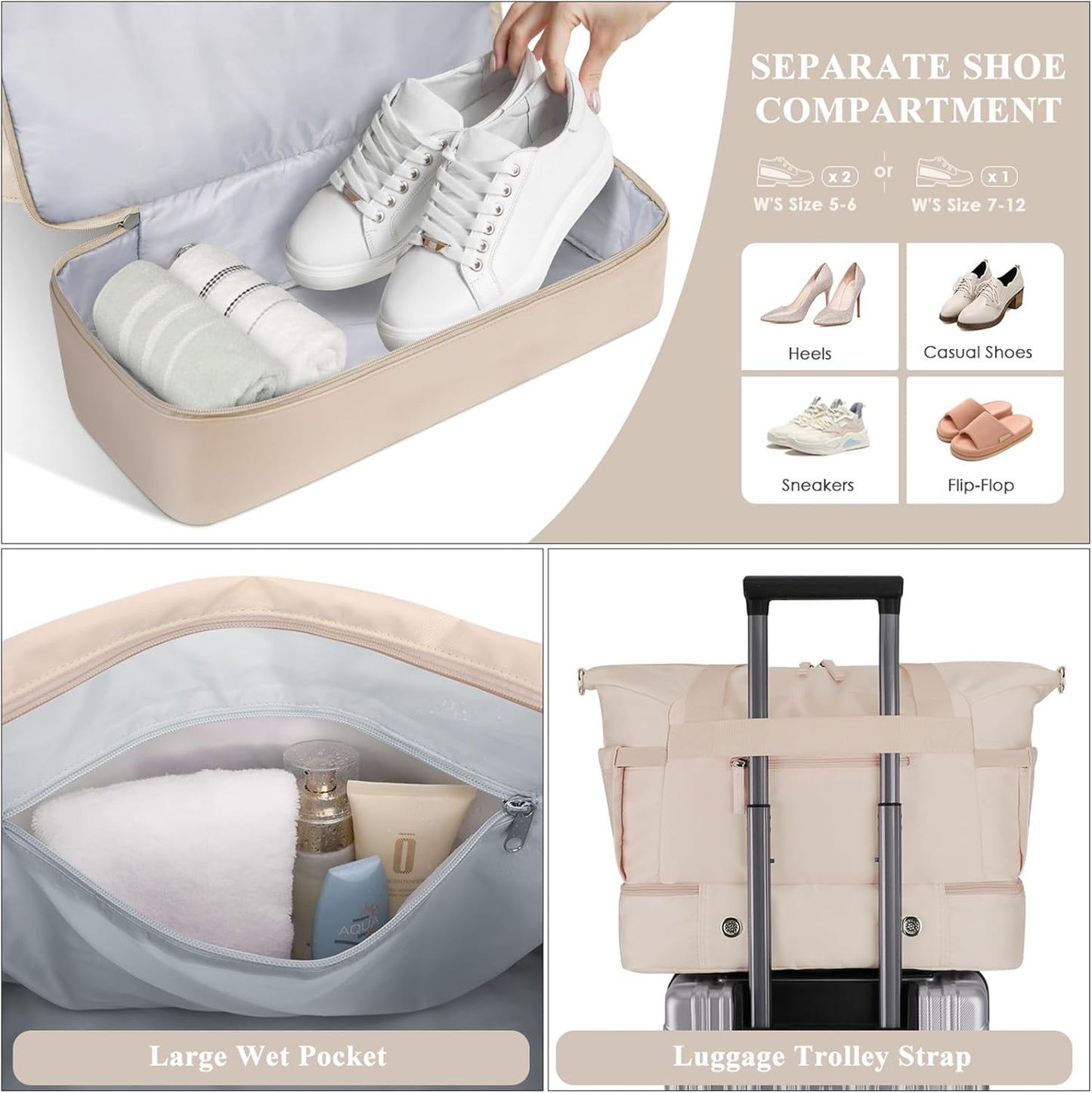 ETRONIK Gym Bag for Women, Personal Item Travel Bag with Shoes Compartment, Weekender Overnight Duffel Bag with Wet Pocket, Carry On Bag for Women, Travel, Gym, Weekend (Beige)