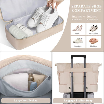 ETRONIK Gym Bag for Women, Personal Item Travel Bag with Shoes Compartment, Weekender Overnight Duffel Bag with Wet Pocket, Carry On Bag for Women, Travel, Gym, Weekend (Beige)