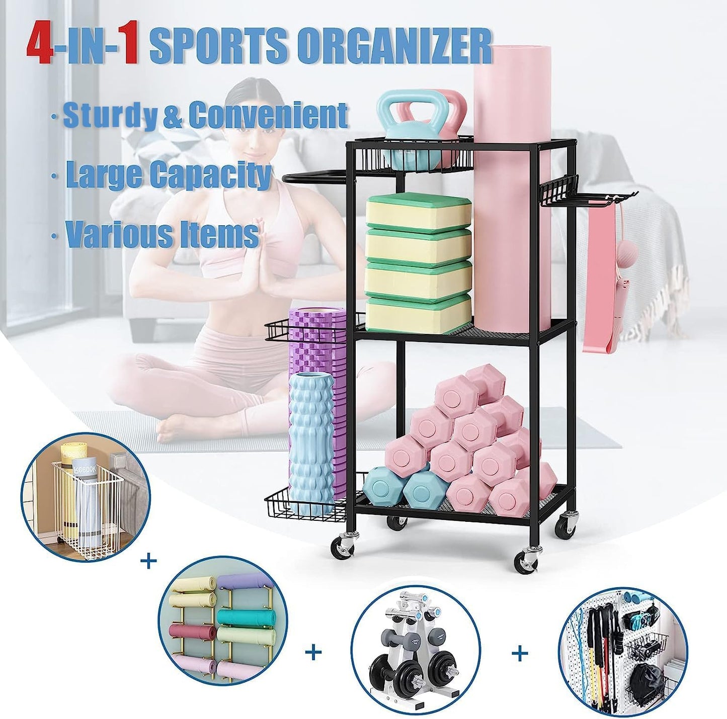 LIANTRAL Yoga Mat Storage Rack - Metal Gym Organizer for Yoga Mats, Foam Rollers & Fitness Equipment, Space Saving Workout Equipment Storage Rack for Home Exercise and Fitness Gear