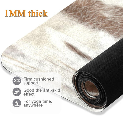 White Brown Print Cow Yoga Mat,Non Slip Exercise & Fitness Mat Folding Waterproof Yoga Mat for Yoga, Pilates, Stretching,71 x 26 Inch Come with Storage Bag
