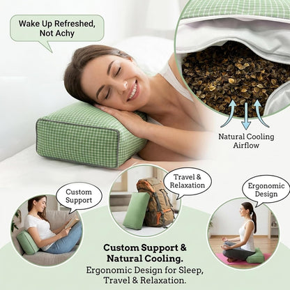 Adjustable Buckwheat Hull Pillow for Neck Pain Relief (21x8x4in) Natural Cooling Cervical Support Organic Pillow for Side & Back Sleepers with Night Sweats (Grey)