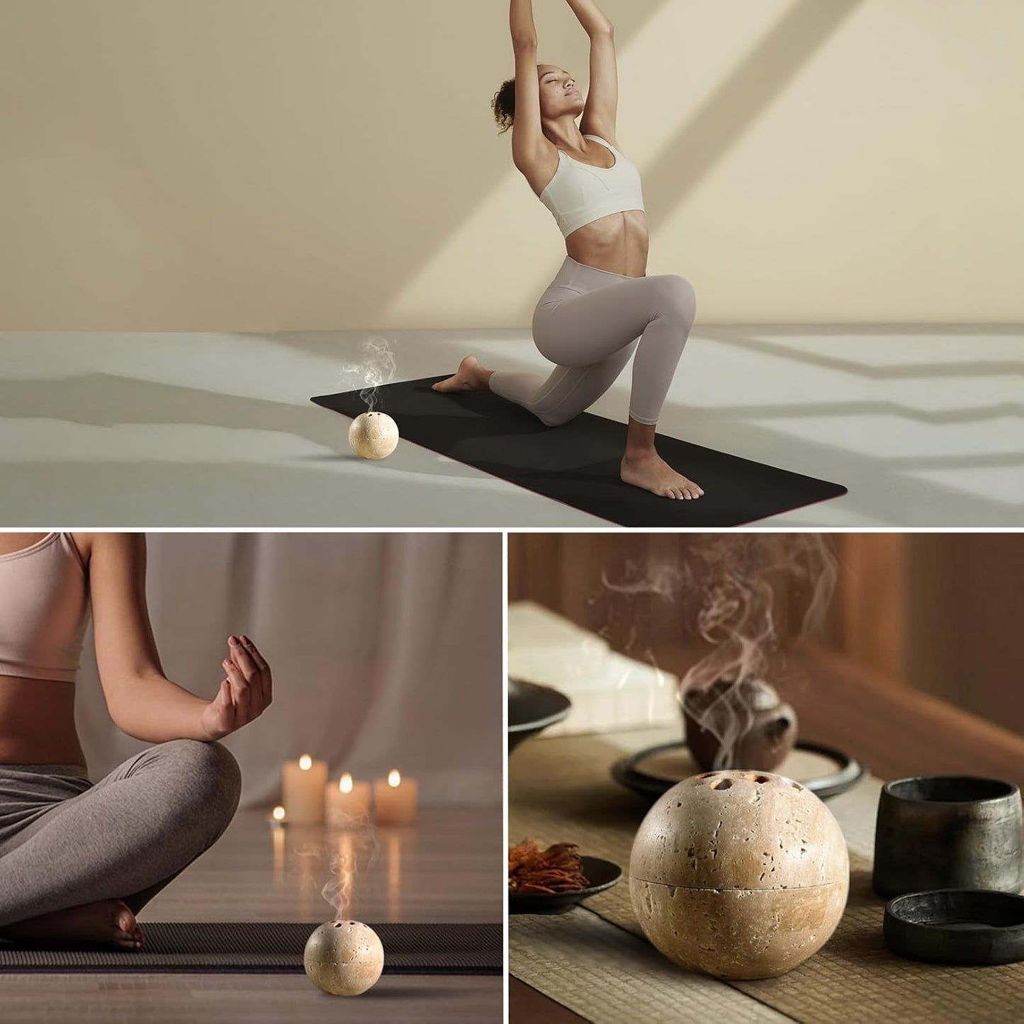 Koville Natural Marble Incense Holder, Incense Holder for Sticks with 9 Holes, Handmade Incense Burner Ash Catcher for Meditation Yoga SPA, Balsam Fir/Palo Santo/Sage/Cone (RoyalBeige)