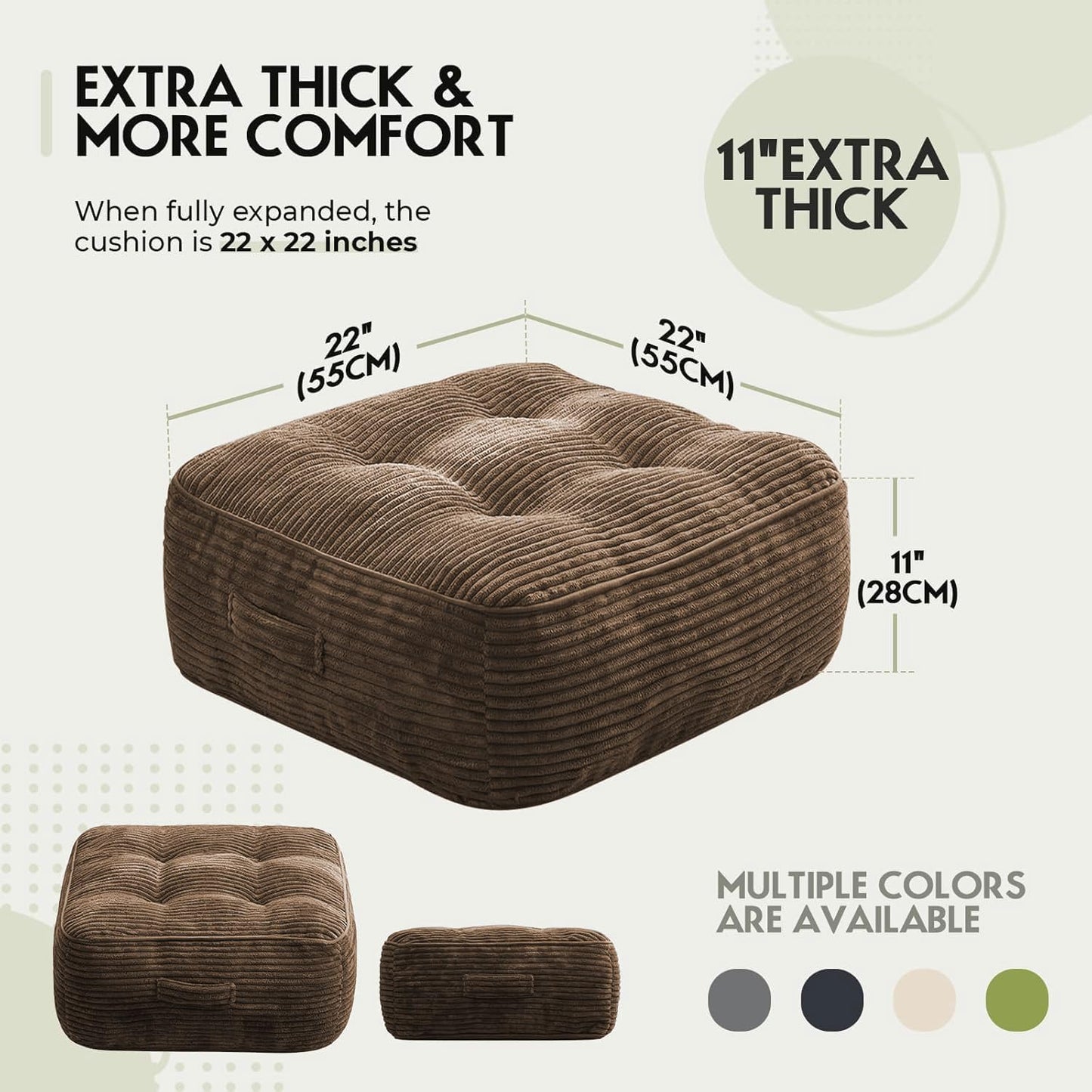 11" Thick Washable Floor Pillow for Adults, Yoga & Meditation Cushion with Handle, Square Large Pillows Seating with Removable Tufted Corduroy Cover for Tatami Living Room Board Games, Blind Shape