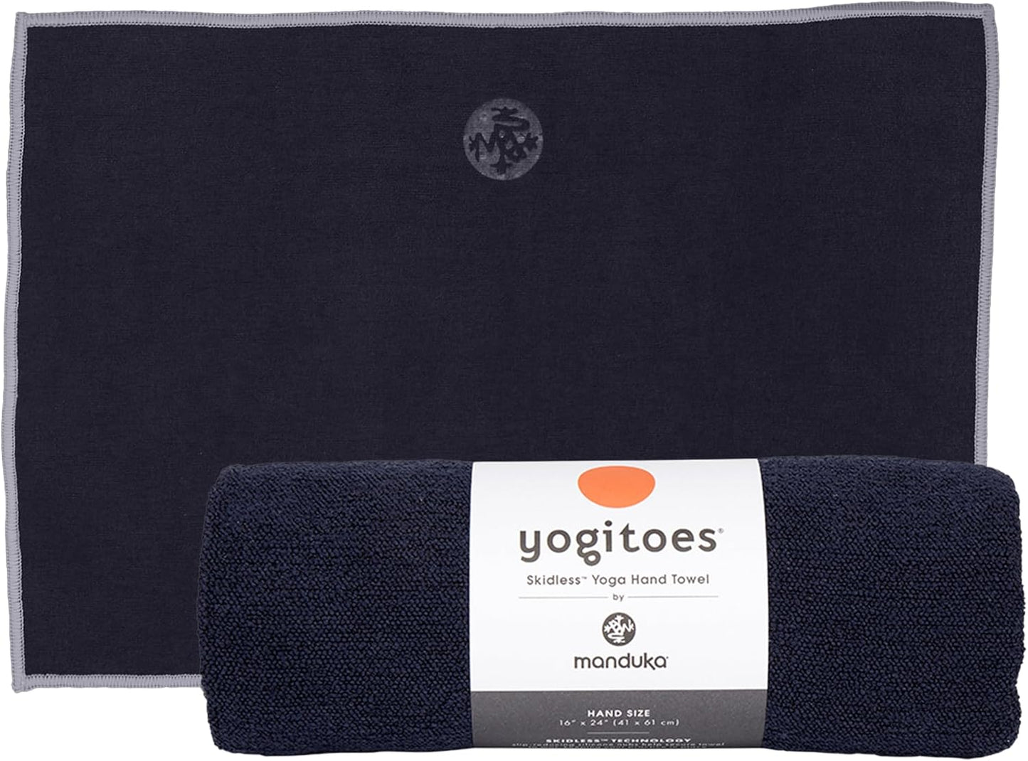 Manduka Yogitoes Yoga Hand Towel - 16" | Moisture Activated Grip | Patented Silicone Nubs | Highly Absorbent, Durable & Easy Care | Compact Size for Hot Yoga, Pilates | 16 x 24 Inches | Midnight