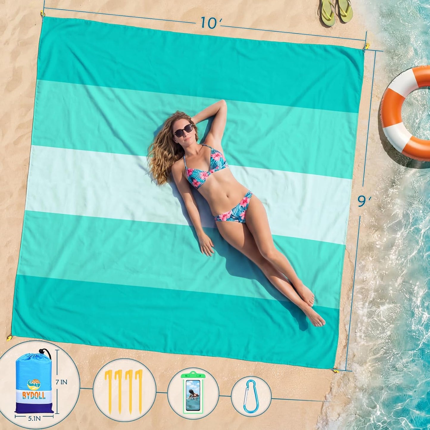 BYDOLL Beach Blanket Waterproof Sandproof Large Sand Free,78''X81''/10'X9' Oversized Sandless Lightweight Blanket Picnic Mat for Beach Travel Camping Hiking with Stakes