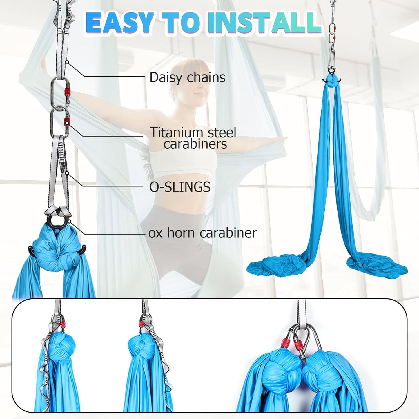 Aerial Silks Kit & Aerial Yoga Hammock - 11Yd Premium Fabric with Hardware - Easy Setup for Flying Yoga, Aerial Swing & Fitness - Supports Up to 14ft Rigging