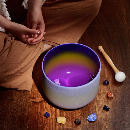 CVNC 440HZ 8 Inch Rainbow Colored A Note Third-Eye Chakra Frosted Quartz Crystal Singing Bowl for Sound Healing and Meditation