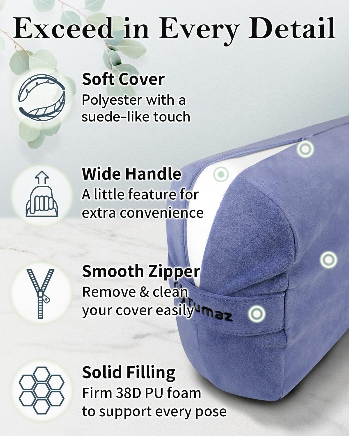Tumaz Yoga Bolster Set - Rectangular Bolster Pillow for Restorative Yoga, Soft Meditation Pillow with Carry Handle and 8-Feet Strap, Machine Washable Cover
