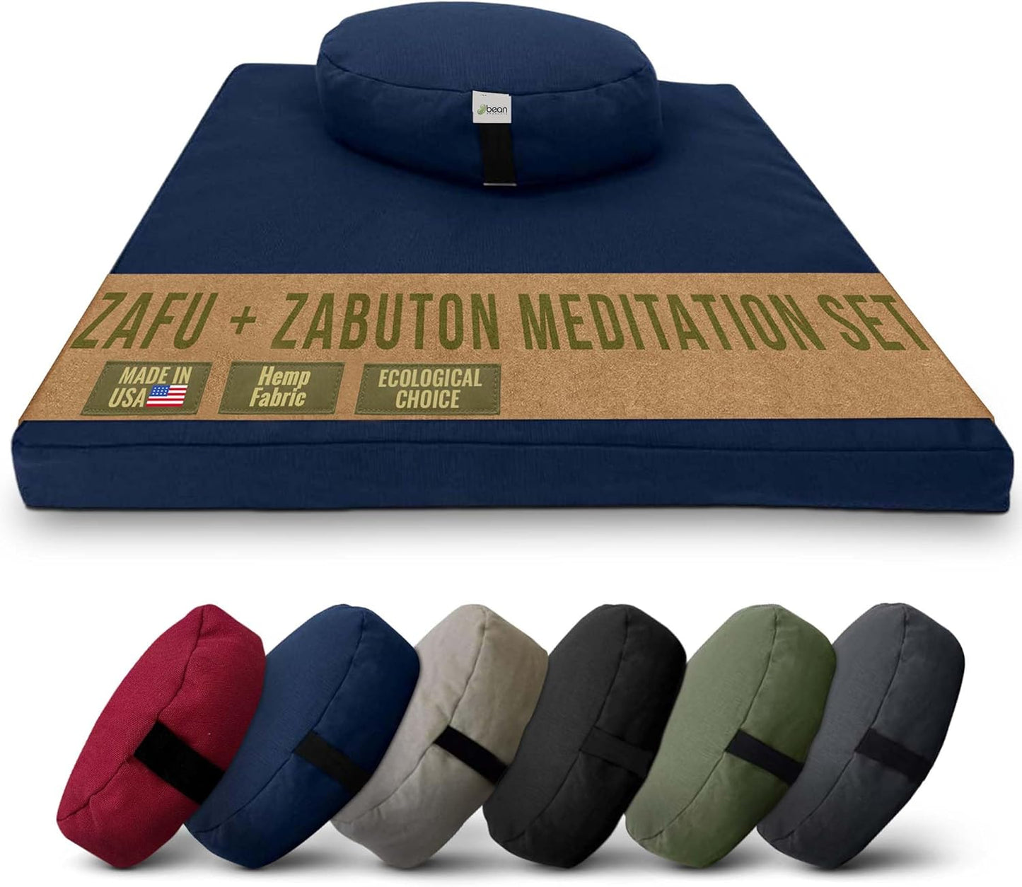 Meditation Cushion Mat Set HEMP - Large Oval Zafu Floor Pillow Organic Buckwheat Pillow + Cotton Filled HEMP Zabuton Prayer Pad - Meditation Pillow Yoga Knee Pad Made in USA - 18" Oval, NATURAL Hemp
