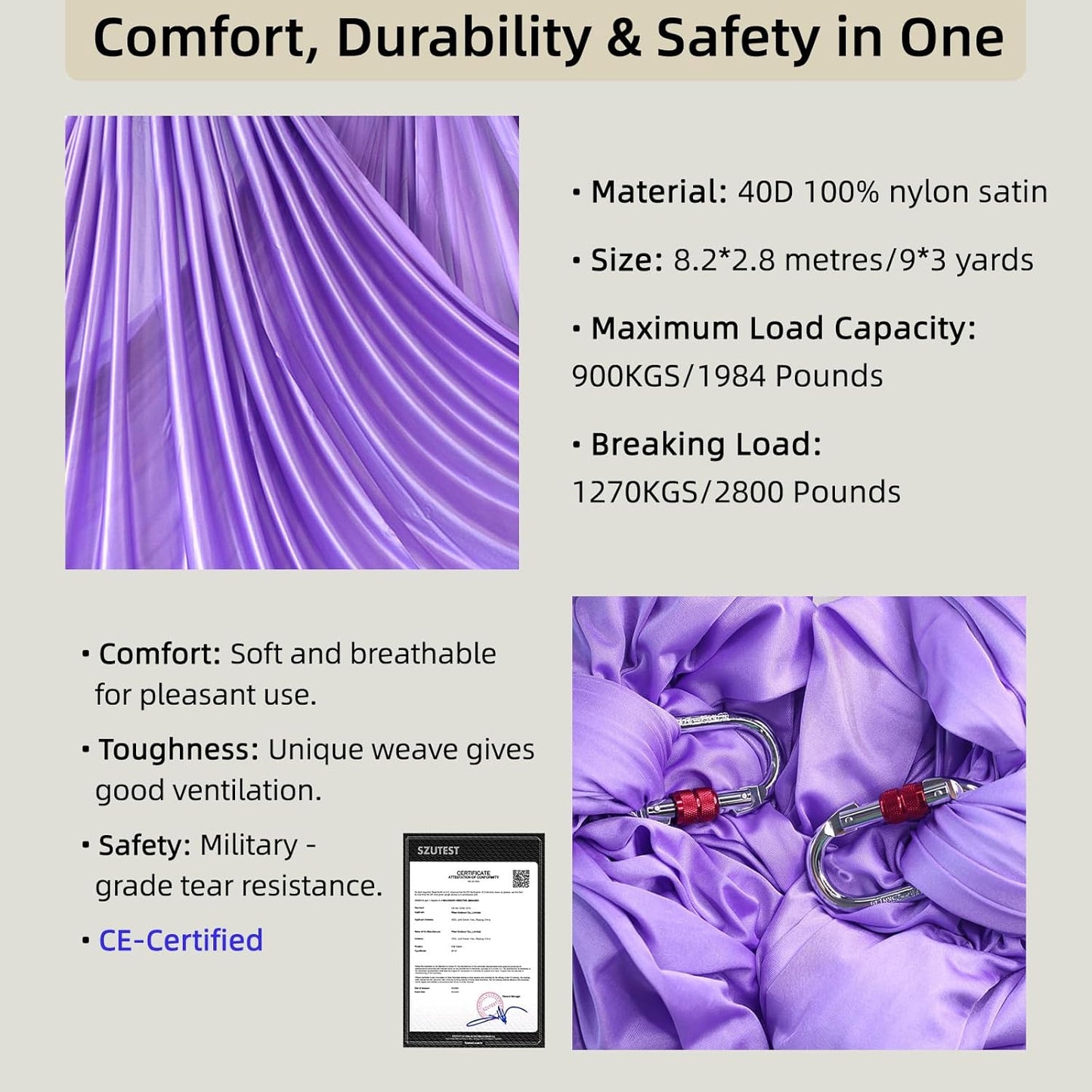 Aerial Silk Set, Premium 9Yards/8.2m Medium Stretch Fabric Silks, Perfect for AntiGravity Hammock Yoga Training & Dance Circus Performances Includes Hardwares & Daisy Chains