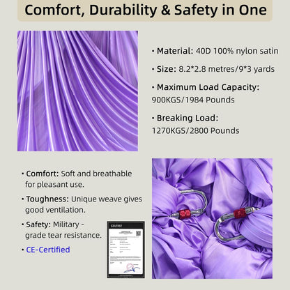 Aerial Silk Set, Premium 9Yards/8.2m Medium Stretch Fabric Silks, Perfect for AntiGravity Hammock Yoga Training & Dance Circus Performances Includes Hardwares & Daisy Chains