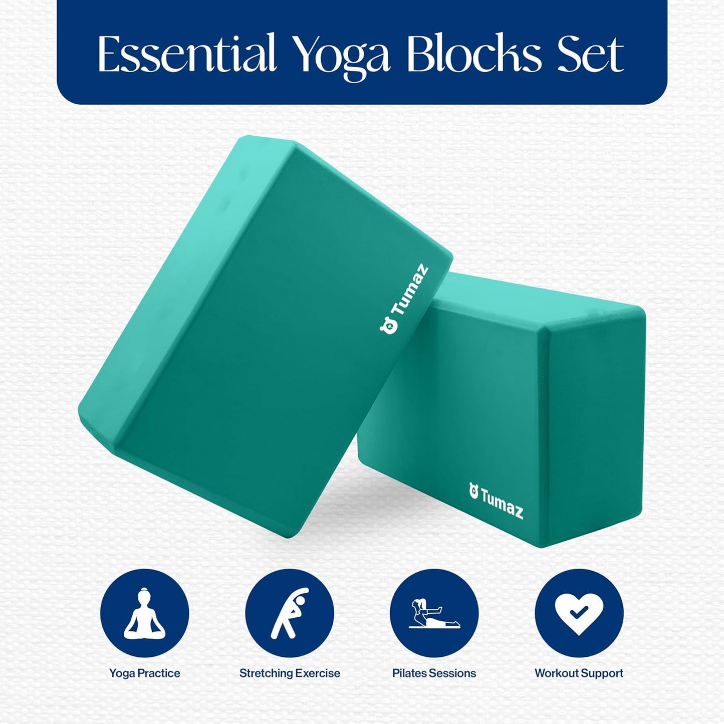 Tumaz Yoga & Stretching Essentials Bundle: 10-Loop Non-Elastic Stretch Strap for Physical Therapy, Yoga, Pilates & 2-Pack High-Density EVA Foam/Cork Yoga Blocks with 8FT Strap Set and E-Book