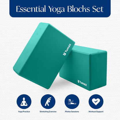 Tumaz Yoga & Stretching Essentials Bundle: 10-Loop Non-Elastic Stretch Strap for Physical Therapy, Yoga, Pilates & 2-Pack High-Density EVA Foam/Cork Yoga Blocks with 8FT Strap Set and E-Book