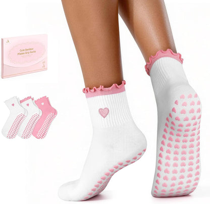 ALLIVE Pilates Socks with Grips for Women, Breathable Soft Non Slip Cute Yoga Socks for Studio or Home, Gift-Ready Set