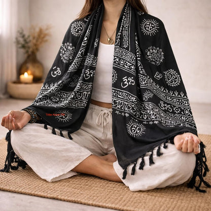 Tribe Azure Fair Trade Large Scarf Wrap Yoga Soft Cotton Mix Hand Printed Boho Bohemian White Black Yellow