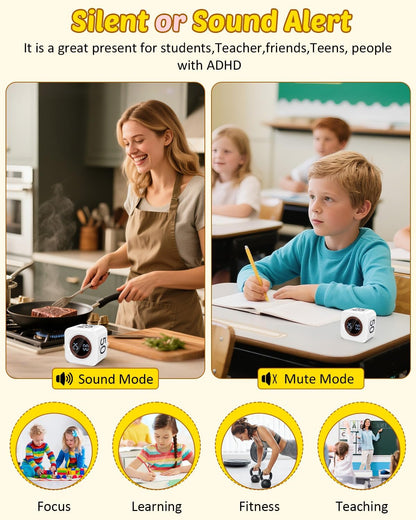 Digital Pomodoro Timer Cube 5/10/25/50min, Visual Productivity Flip Timer for Kids Classroom Desk, Custom Countdown, Silent and Sound Mode for ADHD Study Work Game Kitchen (Black)