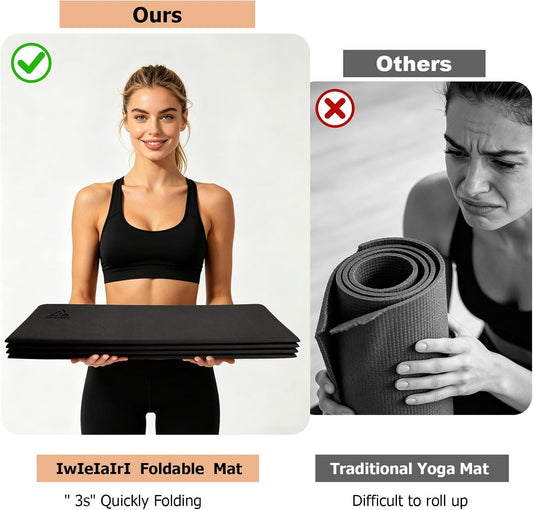 IwIeIaIrI Foldable Yoga Workout Mat with Strap– 1/4" (6MM) Thick, Lightweight, Non-Slip, 69x24" Long-Wide, POE, Portable & Easy to Store for Women Men Home Workout, Pilates, Gym, Travel, Floor Exercises (Dark Grey)