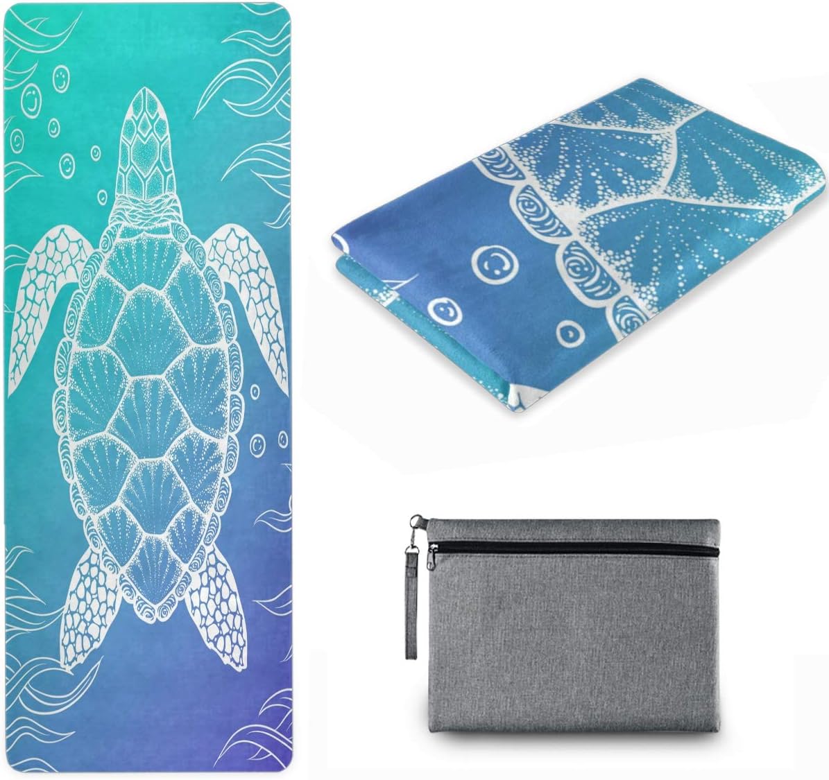 Naanle Sea Turtle Yoga Mat with Carrying Bag Set, Turtle Exercise Mat Foldable Non Slip Travel Lightweight Workout Rug for Home Gym Yoga Pilates Stretching Floor Fitness 71x26 in
