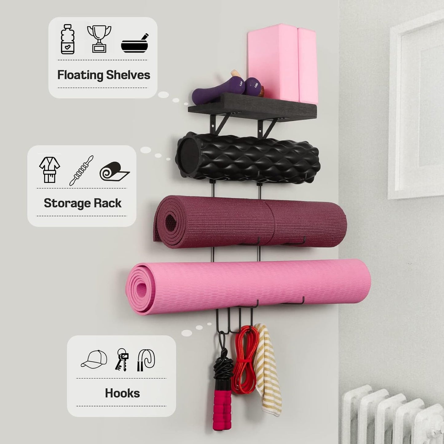 Bikoney Yoga Mat Holder Wall Mount Yoga Mat Storage Home Gym Accessories with Wood Floating Shelves and 4 Hooks for Hanging Foam Roller and Resistance Bands Fitness Home Gym Carbonized Black