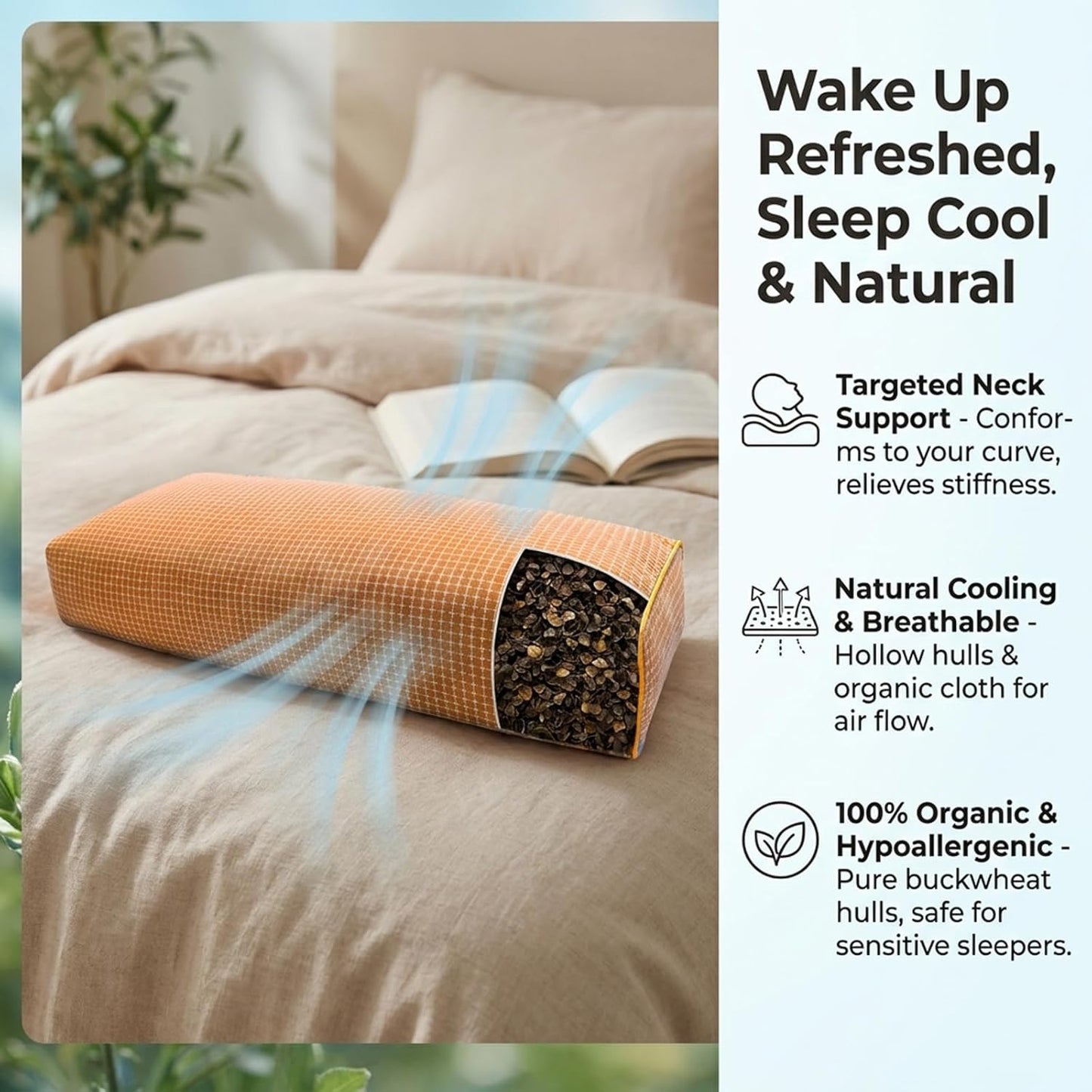 Adjustable Buckwheat Hull Pillow for Neck Pain Relief (21x8x4in) Natural Cooling Cervical Support Organic Pillow for Side & Back Sleepers with Night Sweats (Grey)