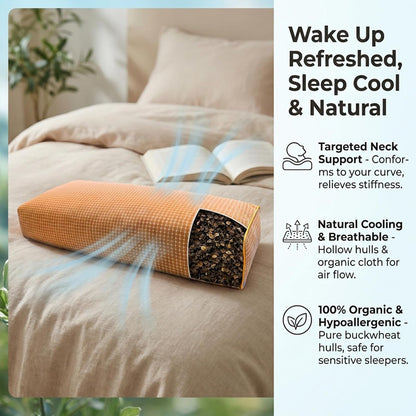 Adjustable Buckwheat Hull Pillow for Neck Pain Relief (21x8x4in) Natural Cooling Cervical Support Organic Pillow for Side & Back Sleepers with Night Sweats (Grey)