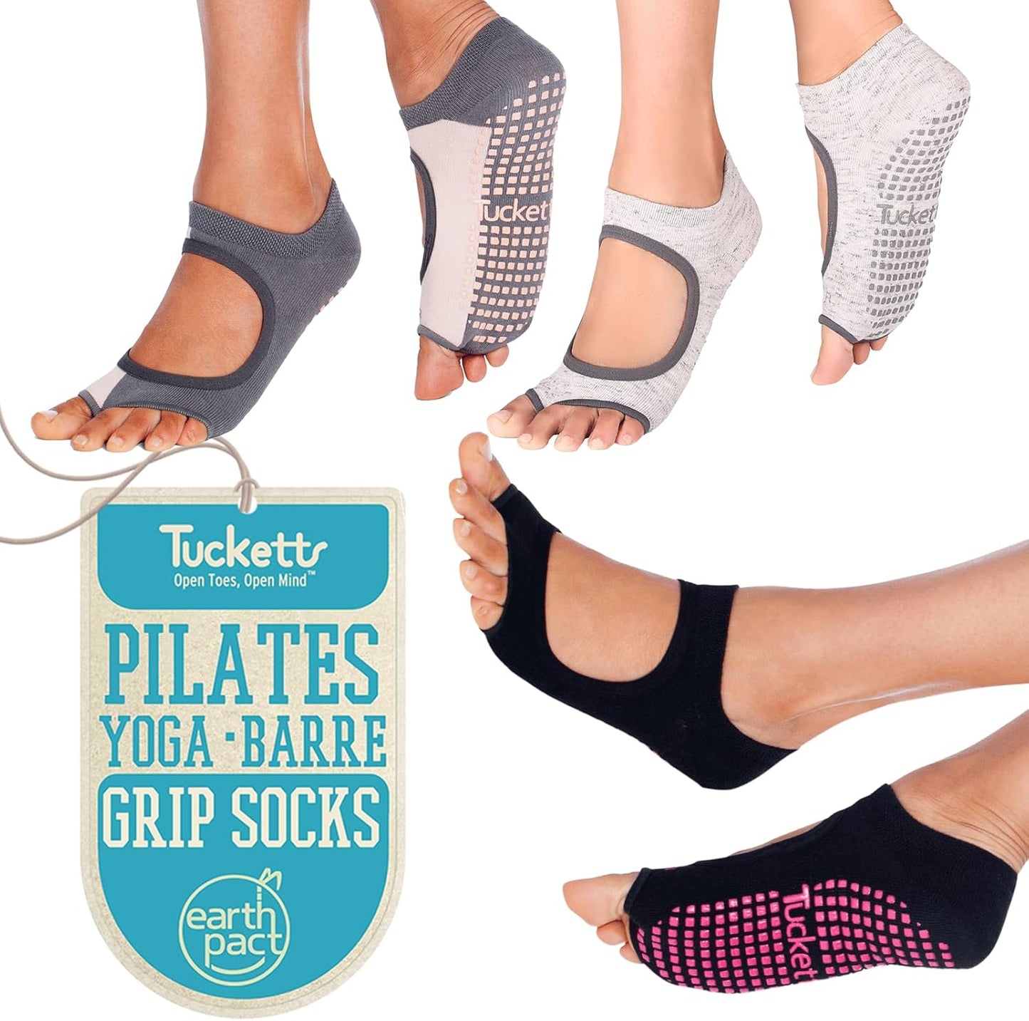 Tucketts Allegro Toeless Pilates Socks with Grips for Women, Non-Slip Open-Toe Grip Socks, Yoga, Barre, Dance, Reformer, Home