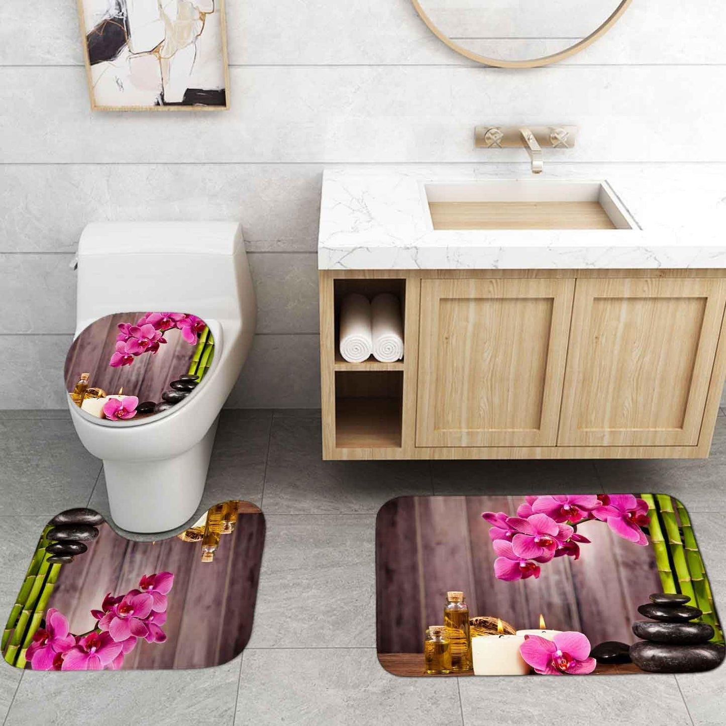 4PCS Spa Zen Shower Curtain Sets with Rugs, White Shower Curtain, Pink Floral Orchid Lotus Water Lily Stone Bamboo Water Reflection Yoga Massage Relaxing Spiritual Meditation Bathroom Decor