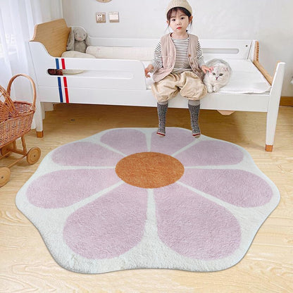 White Flower Shaped Rug, Cute Round Indoor Rug, 39.4" Diameter, High Pile Faux Wool, Non-Slip Backing