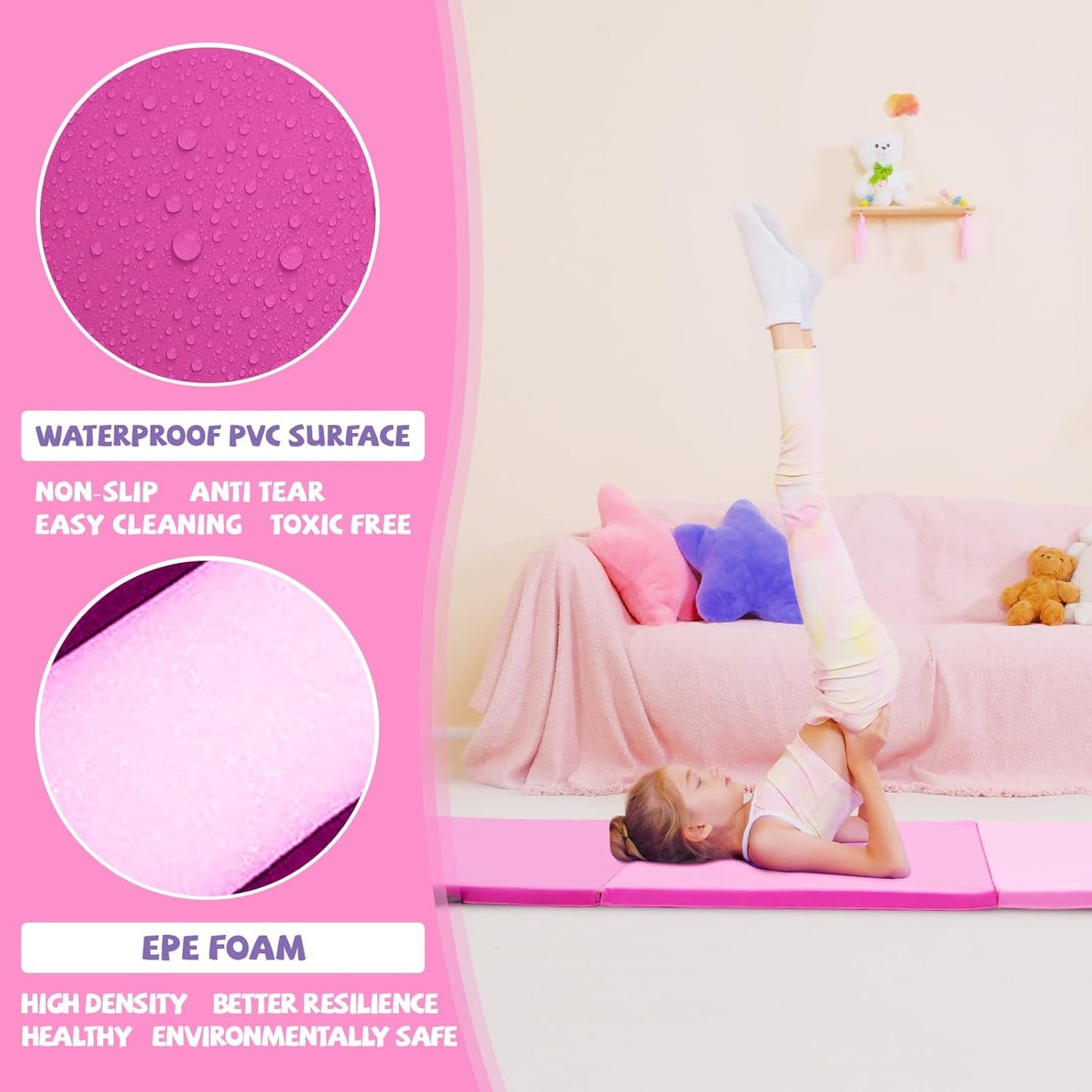Kangaroo Hoppers Gymnastics Tumbling Mats for Kids, Foldable Gym Mat with Carrying Handles for Home Activity Play