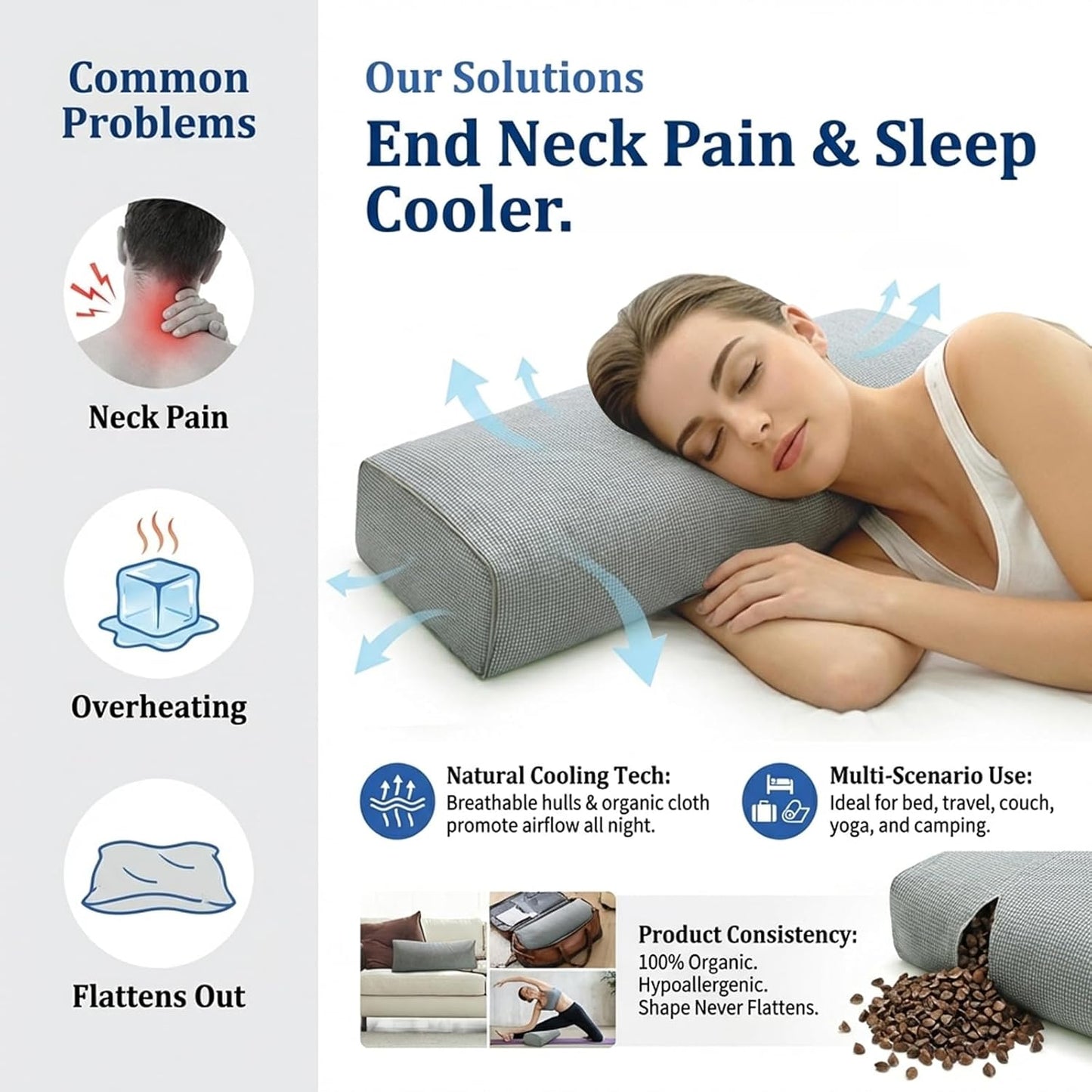 Adjustable Buckwheat Hull Pillow for Neck Pain Relief (21x8x4in) Natural Cooling Cervical Support Organic Pillow for Side & Back Sleepers with Night Sweats (Grey)