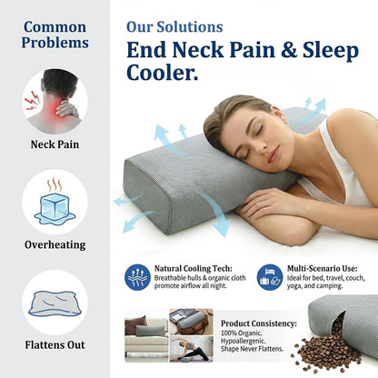 Adjustable Buckwheat Hull Pillow for Neck Pain Relief (21x8x4in) Natural Cooling Cervical Support Organic Pillow for Side & Back Sleepers with Night Sweats (Grey)