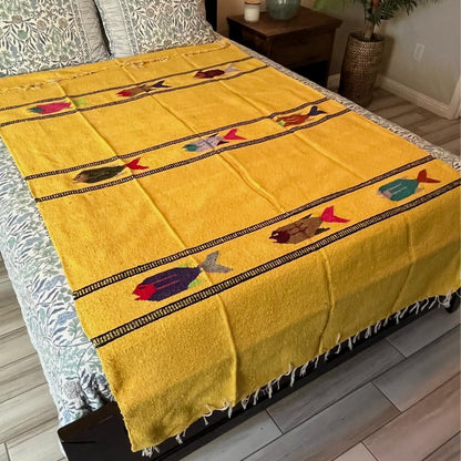 Open Road Goods Thick Mexican Yoga Blanket - Serape Fish Design - Handmade (Mint)