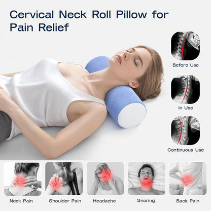 Neck Roll Pillow, Memory Foam Neck Support Pillows, Round Neck Pillows, Cylinder Bolster Pillows for Bed, Couch, and Yoga, Removable Washable Cover,18 * 4.1 * 4.1inch (Cool-Blue)