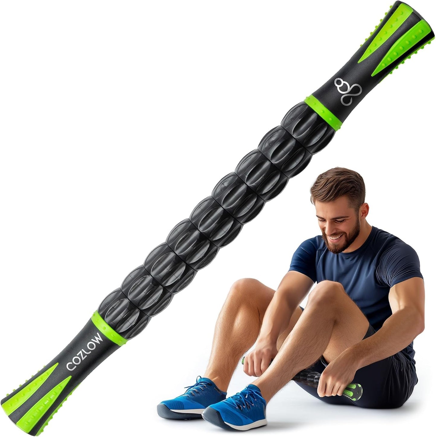 Muscle Roller Stick - Black Green - Hand Held Body Massager with 9 Rollers & Non-Slip Handles - Deep Tissue Massage & Maximum Muscle Recovery - Leg, Back, Arm, Thigh, Butt Sculpting Tool - by Cozlow