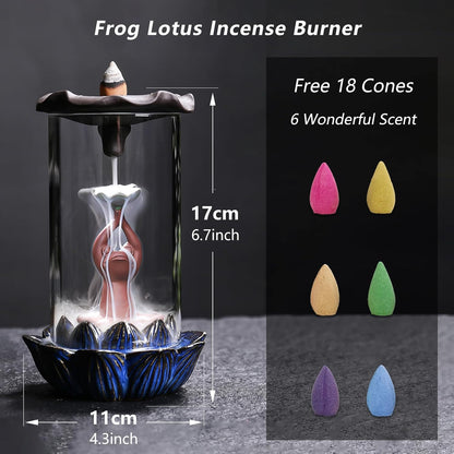 ChangWanna Frog Incense Holder Waterfall - Ceramic Cone Backflow Incense Burner Smoke Fountain, Back Flowing Incense Diffuser with 45 Sticks & 12 Cones, Frog Ornament for Aromatherapy/Yoga/Home Decor