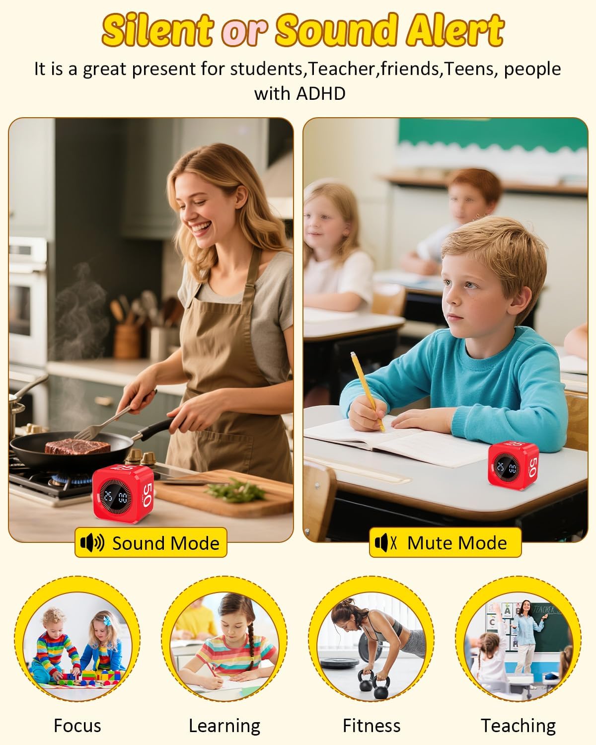 Digital Pomodoro Timer Cube 5/10/25/50min, Visual Productivity Flip Timer for Kids Classroom Desk, Custom Countdown, Silent and Sound Mode for ADHD Study Work Game Kitchen (Black)