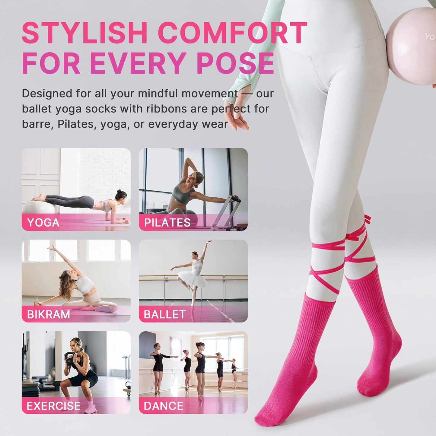 Pilates Socks for Women Grip Yoga Non Slip Socks for Barre Dance Workout Hospital