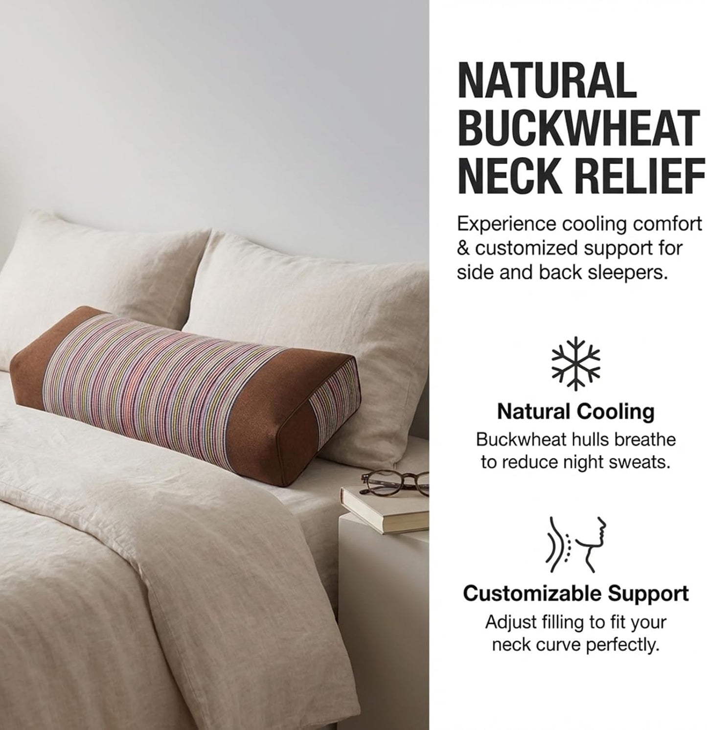 Adjustable Buckwheat Hull Pillow for Neck Pain Relief (21x8x4in) Natural Cooling Cervical Support Organic Pillow for Side & Back Sleepers with Night Sweats (Grey)