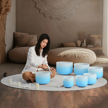 CVNC 432HZ 6-12 Inch Set Of 7 PCS Frosted Chakra Quartz Crystal Singing Bowls for Sound Healing with 2 PCS Travel Carry Case Bag