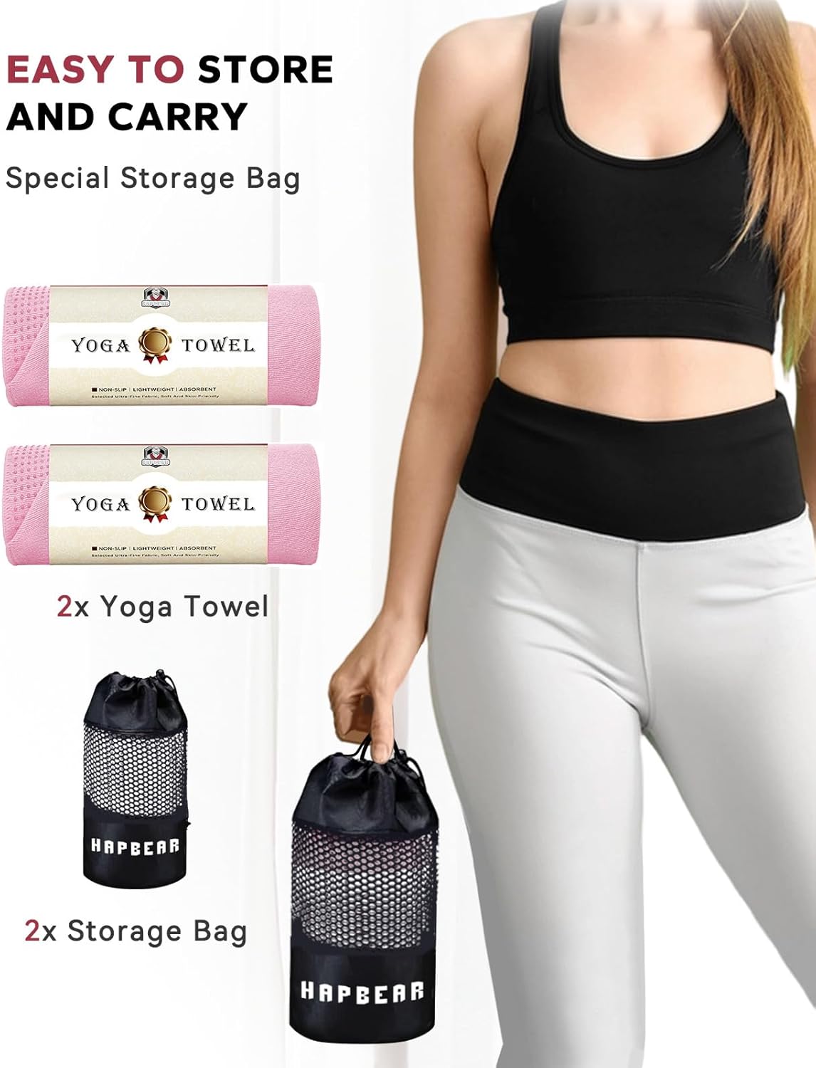 HAPBEAR Hot Yoga Towel with Non-Slip Grip Dots, Super-Absorbent Microfiber Yoga Mat Towel for Sweaty Bikram, Pilates and Studio Workouts - Grey