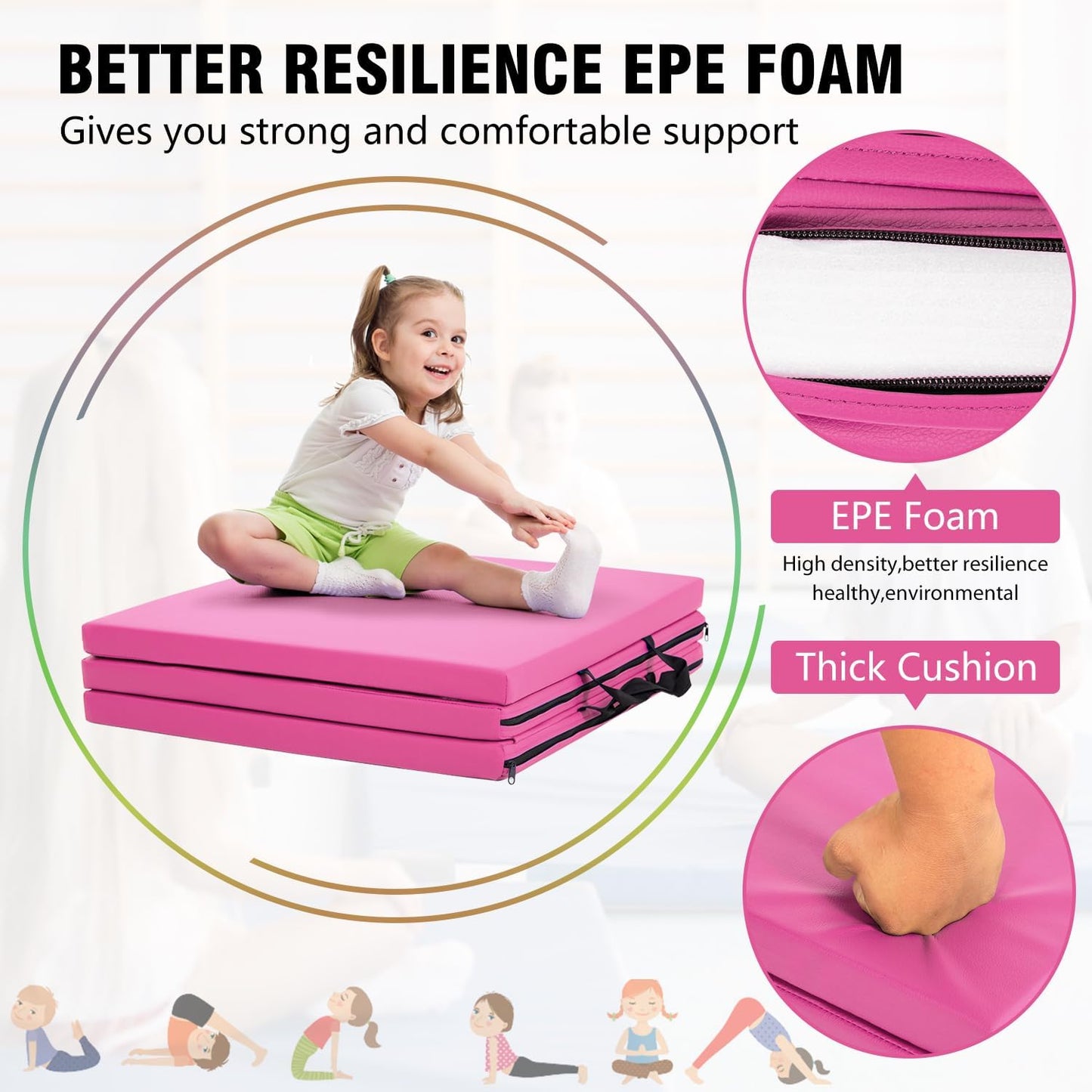 Gymnastics Tumbling Mat Portable Gymnastics Mat Foldable Tumbling Mat 2ft W 6ft L/4ft W 6ft L/4ft W 8ft L/4ft W 10ft Exercise Mat Yoga Mat with Carrying Handles for Yoga Gymnastics