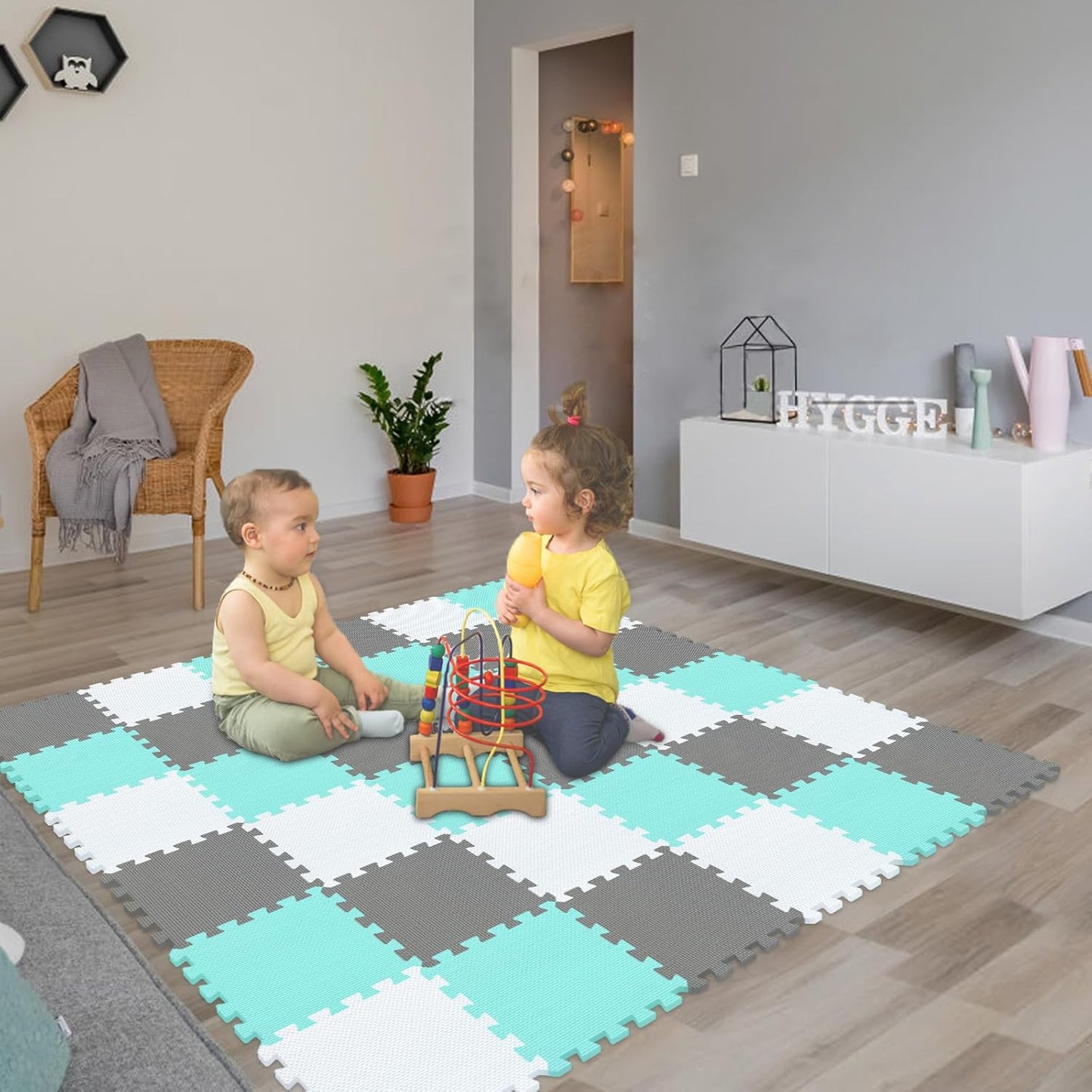 qqpp EVA Rubber 18 Tiles Interlocking Puzzle Foam Floor Mats - Baby Play Mat for Playing | Exercise Mat for Home Workout. White, Pink, Gray. QC-ACLb18N