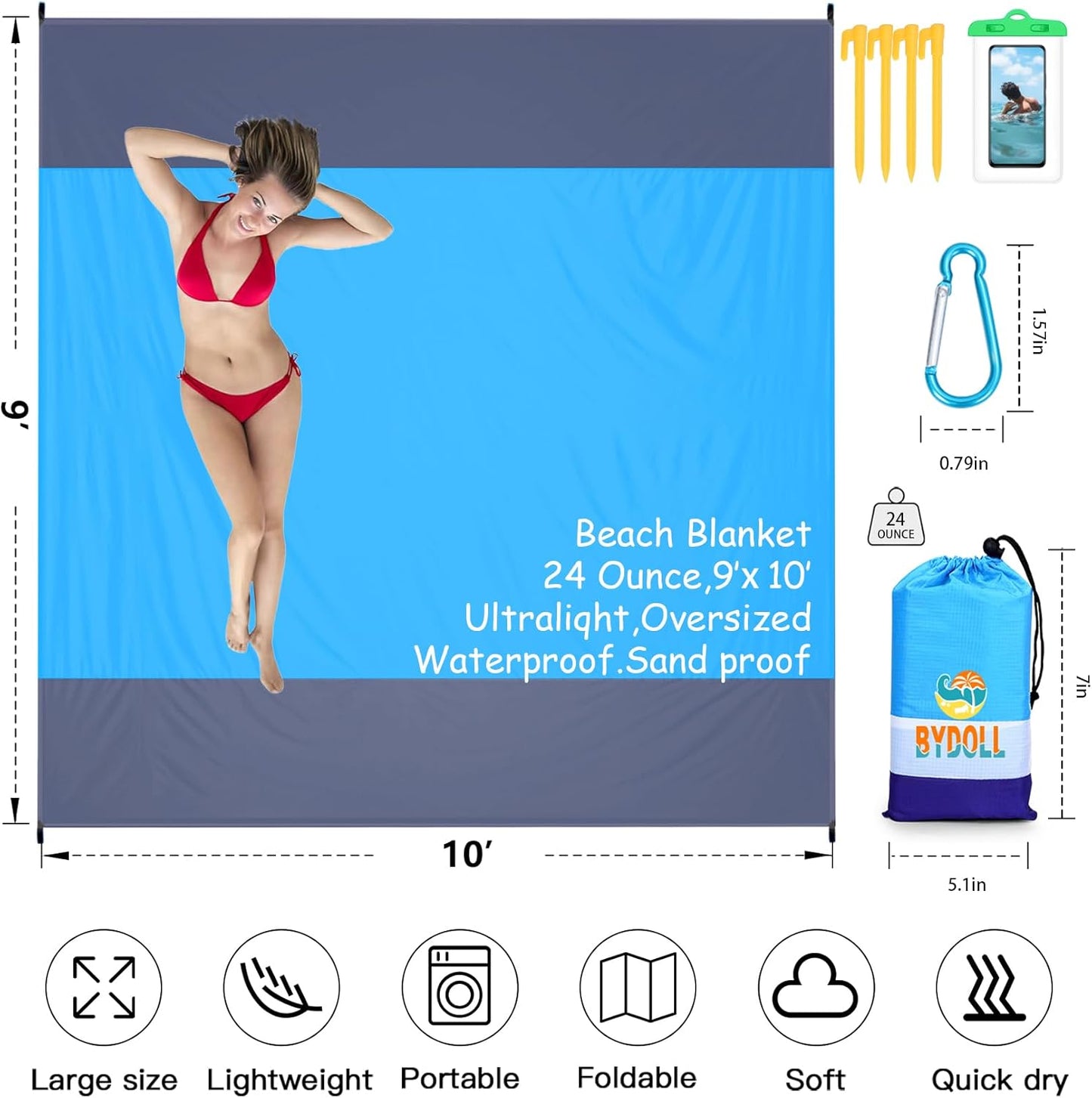 BYDOLL Beach Blanket Waterproof Sandproof Large Sand Free,78''X81''/10'X9' Oversized Sandless Lightweight Blanket Picnic Mat for Beach Travel Camping Hiking with Stakes