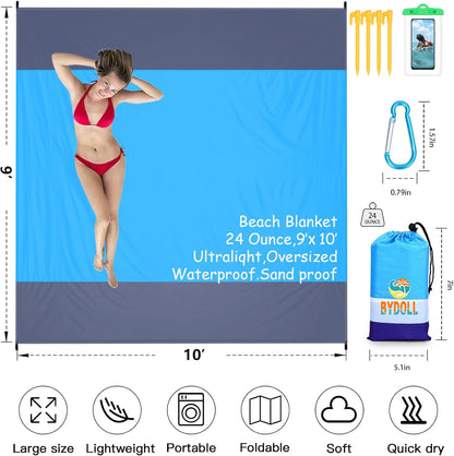 BYDOLL Beach Blanket Waterproof Sandproof Large Sand Free,78''X81''/10'X9' Oversized Sandless Lightweight Blanket Picnic Mat for Beach Travel Camping Hiking with Stakes