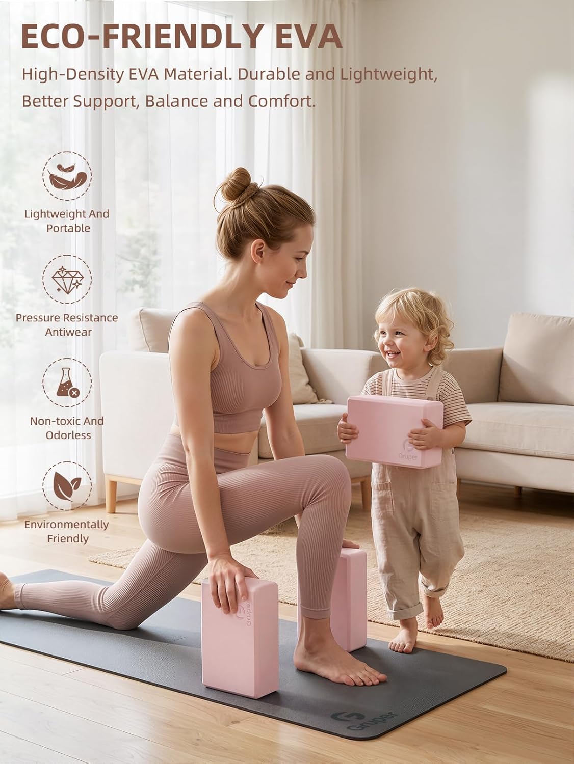 Gruper Yoga Blocks 2 Pack, 9"x6"x3" Exercise Blocks High-Density EVA Foam Blocks with Soft Non-Slip Surface, Lightweight Yoga Props for Yoga Pilates Meditation & Stretching