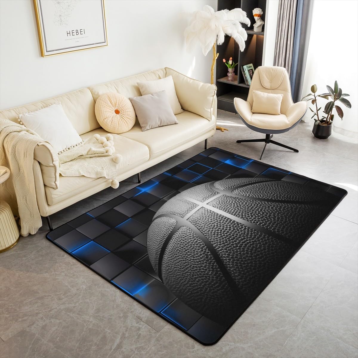 jejeloiu Basketball Living Room Rugs for Bedroom 5x7 Kids Gaming Sports Decor Carpet for Boys Girls Teens Ball Games Area Rug Soft Gift for Basketball Lover Grey and Black Room Decor