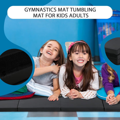 Gymnastics Mat for Tumbling, Folding Tumbling Mat Exercise Mat Gym Mat Tumbling Mats for Kids, Adults, PU Leather Yoga Mat with Carrying Handles